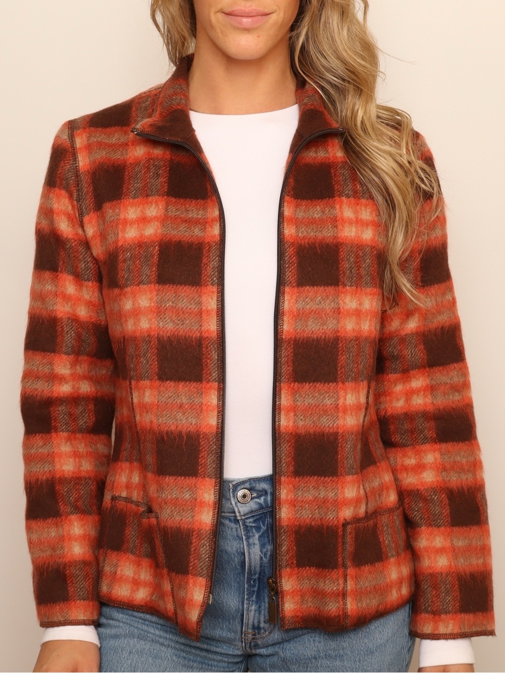 Vintage Robert Kitchen Wool Mohair Plaid Zip Jacket Brown Rust Orange